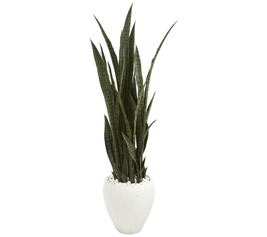 51" Sansevieria Plant in White Planter by Nearly Natural