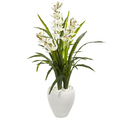 4' Cymbidium Orchid Plant in White Planter by Nearly Natural