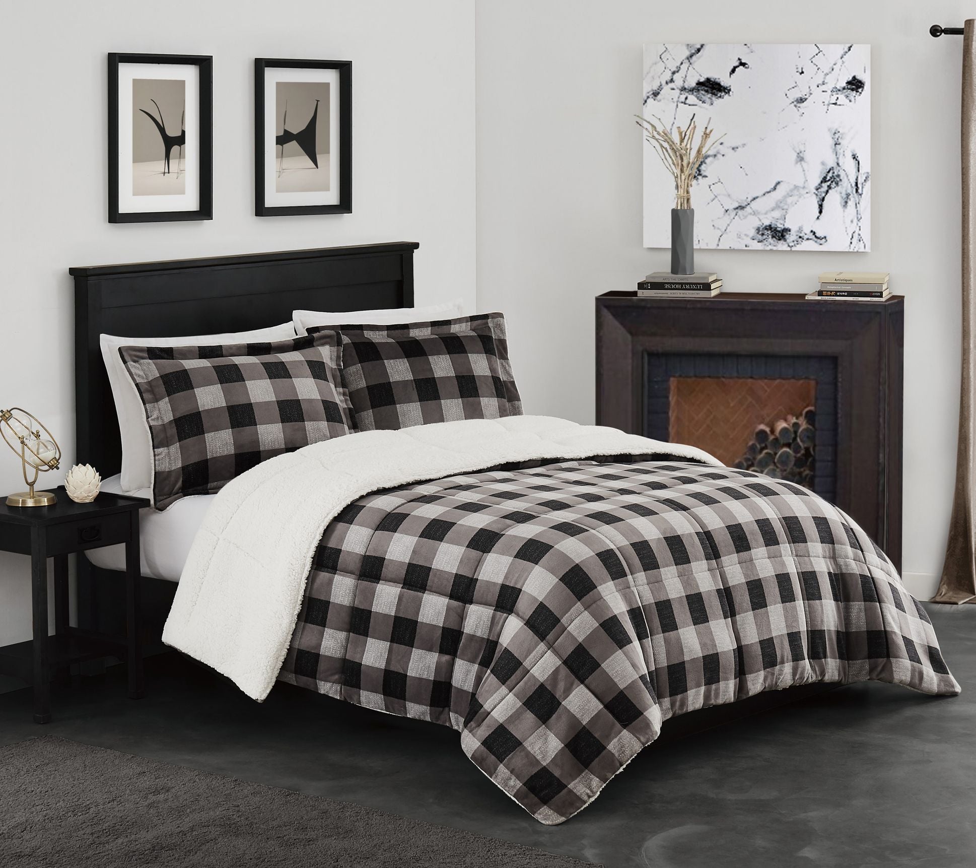 London Fog Faux Fur Plaid Full/Queen 3 Piece Comforter Set