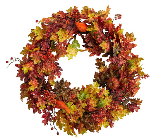 Nearly Natural 32" Autumn Oak Leaf & Pumpkin Wreath