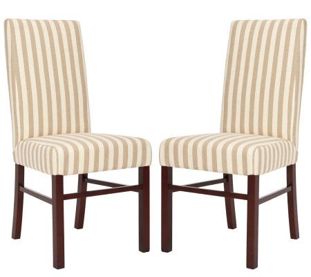 Set of Two Tan and White Striped High Back Dining Chairs