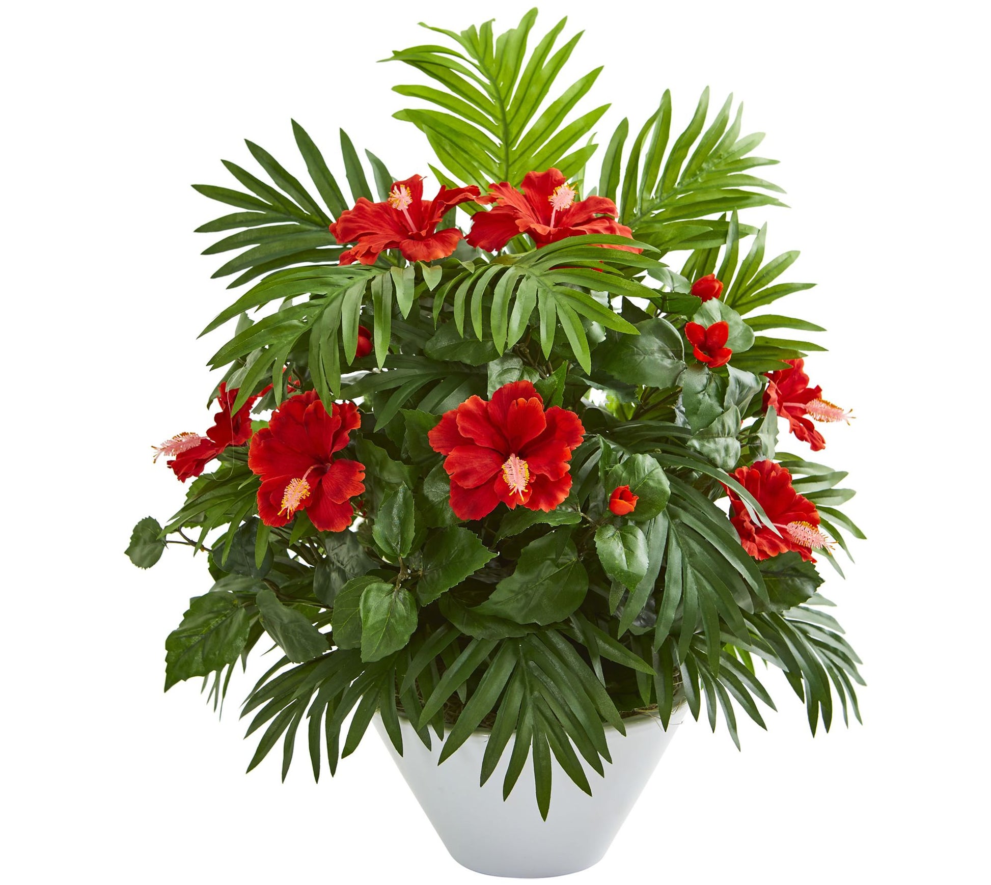 Hibiscus & Areca Palm Plant in White Bowl by Nearly Natural