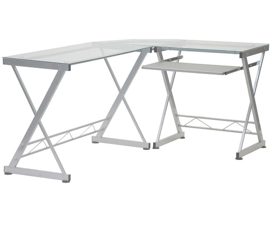 Techni Mobili L-Shaped Tempered Glass Desk/WKeyboard Tray