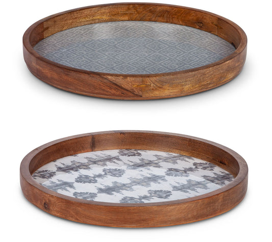 Set of 2 15" Diameter Enamel/Mango Wood Trays by Gerson Co.