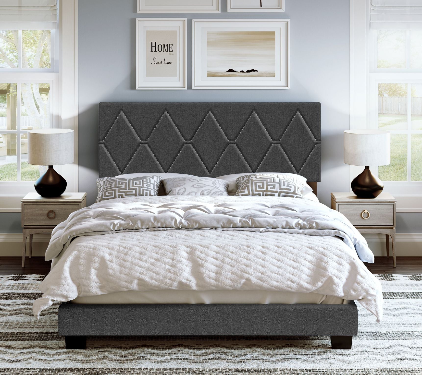 Diamond 4-Slat Upholstered Bed Frame with Headboard - Queen