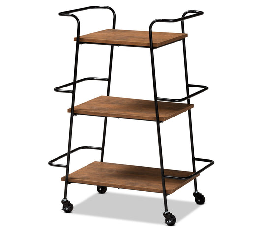 Bernard Black Metal and Walnut Wood Mobile Wine Bar Cart