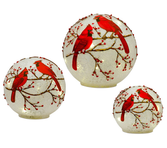 Melrose LED Frosted Glass Cardinal Berry Orb (Set of 3)