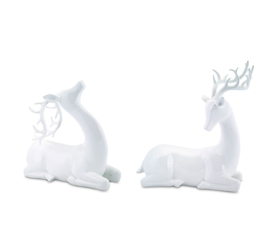 Melrose Modern White Stone Laying Deer Figurine  (Set of 2)