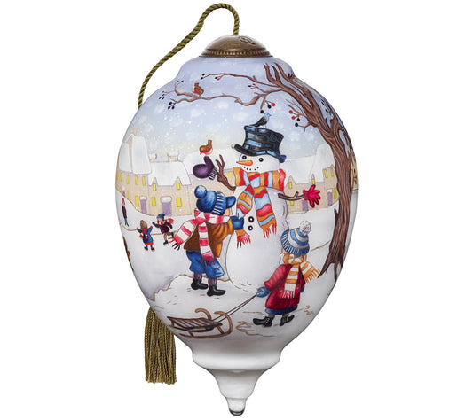 Ne'Qwa Ltd Ed Children Building Snowman Near Pond Ornament