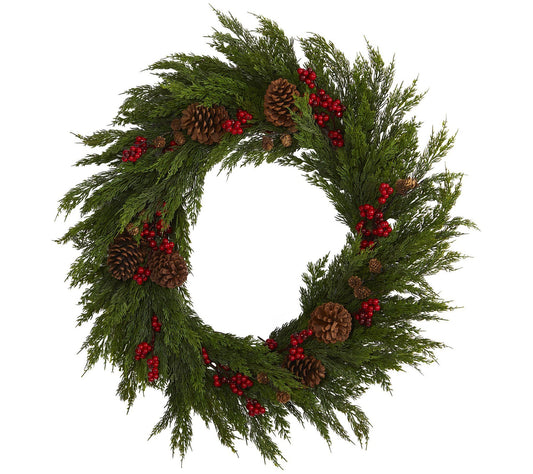 Nearly Natural 32-in Cypress w/Berries & Pine Cnes  Wreath