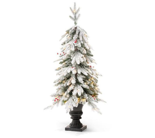 Glitzhome 4FT Pre-Lit Flocked Artificial Christmas Porch Tree