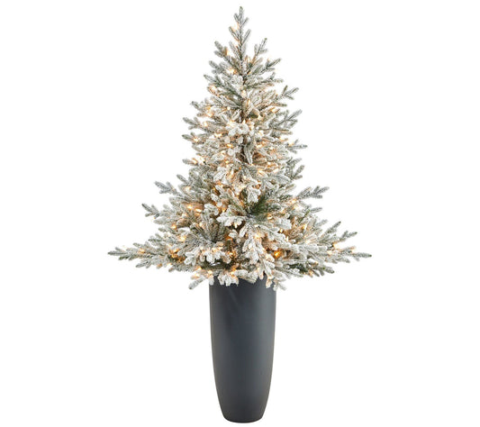 Nearly Natural 5-ft Flocked Fraser Fir Christmas Tree w/Lights