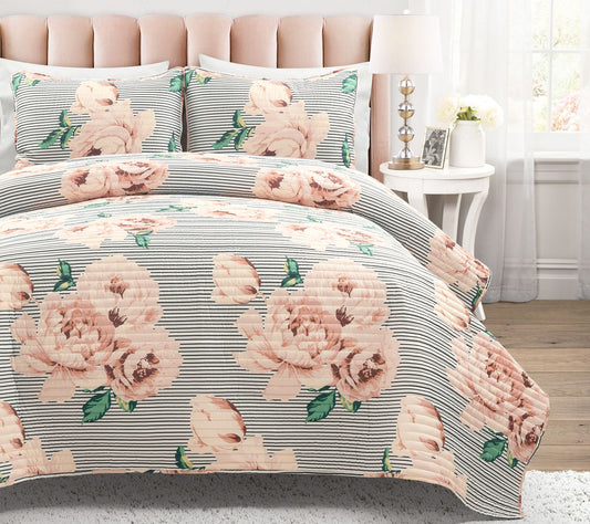 Lush Decor Mira Vintage Floral Quilt Dusty 3Pc et King