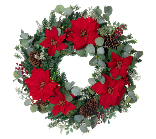 Village Lighting 30" Pre-Lit LED Wreath-Christmas Poinsettia