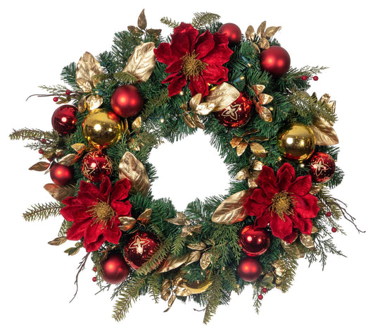 Village Lighting 30" Pre-Lit Wreath-Golden LeafRed Magnolia