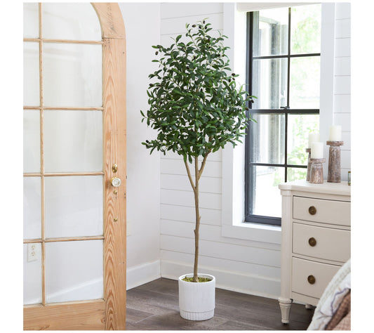 Nearly Natural 6' Artificial Olive Tree with Wh ite Planter