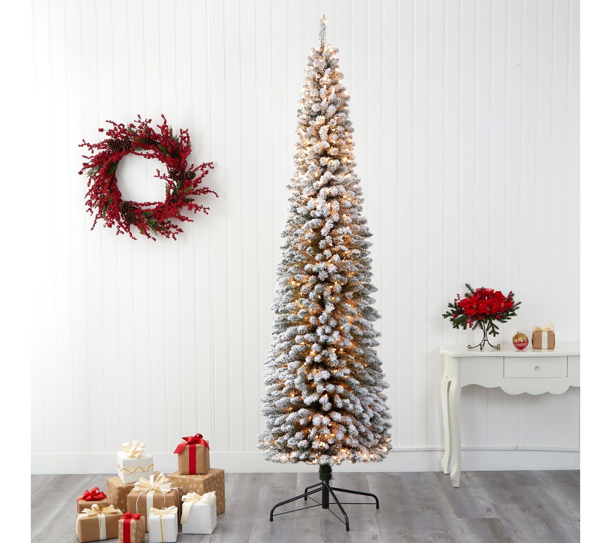 Nearly Natural 9" Flocked Pencil Faux Christmas Tree w/ Lights