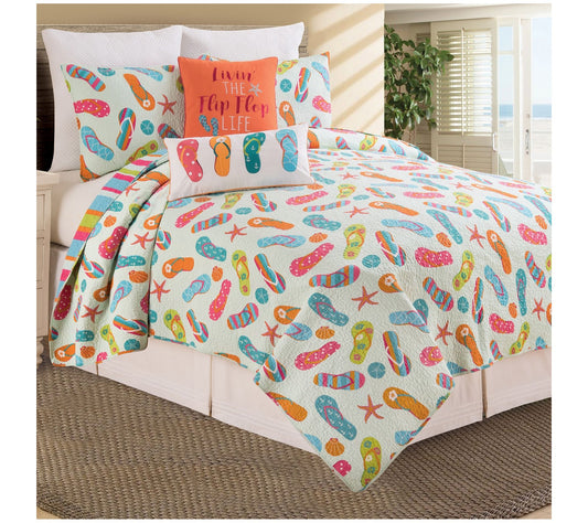 Flip Flop Life Cotton Coastal Beach 3pc King Quilt Set