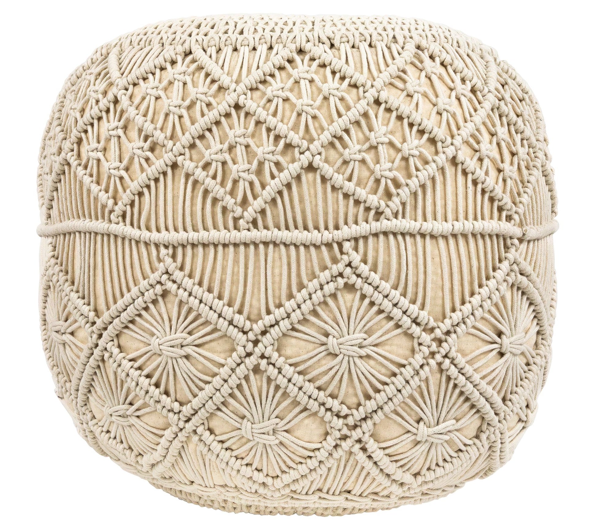 Northlight Crea m Macrame Round Handmade Natur al Cotton Pouf