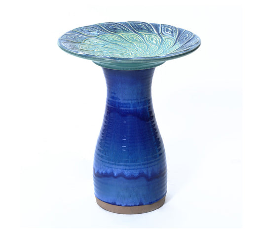 LuxenHome Blue Glazed Spiral Ceramic 20"H Birdbath