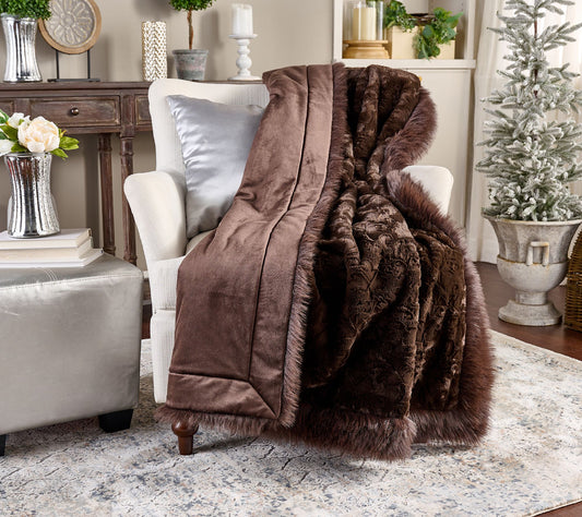 Hotel du Cobb Sculpted Damask Faux Fur Throw with Fox Border by Dennis Basso
