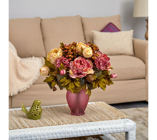 Nearly Natural 16" Peony Arrangement in Rose Vase
