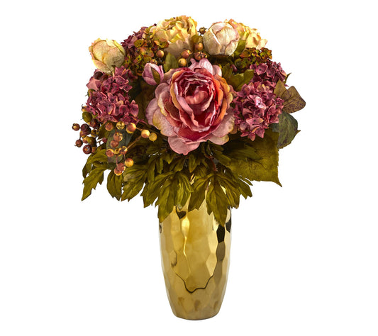Nearly Natural 19" Peony Artificial Arrangementin Gold Vase