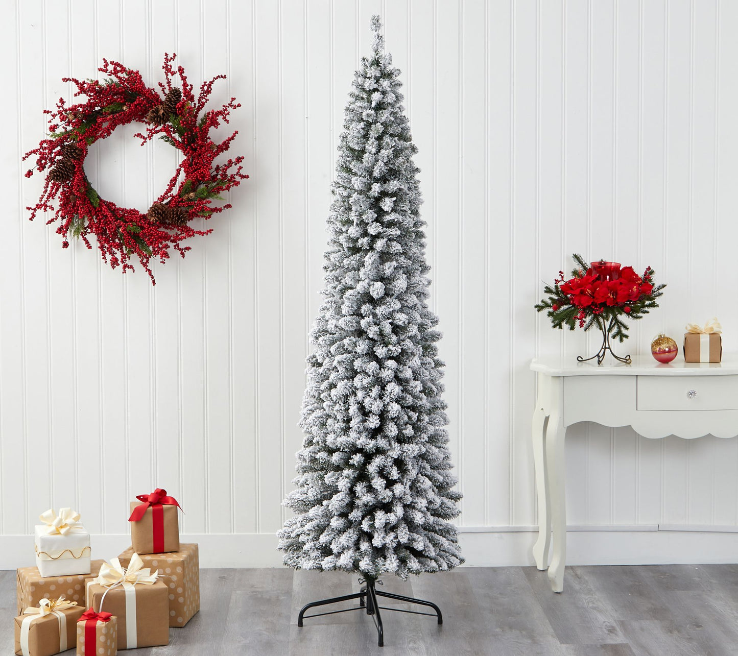 Nearly Natural 7-ft Flocked Pencil Artificial Christmas Tree