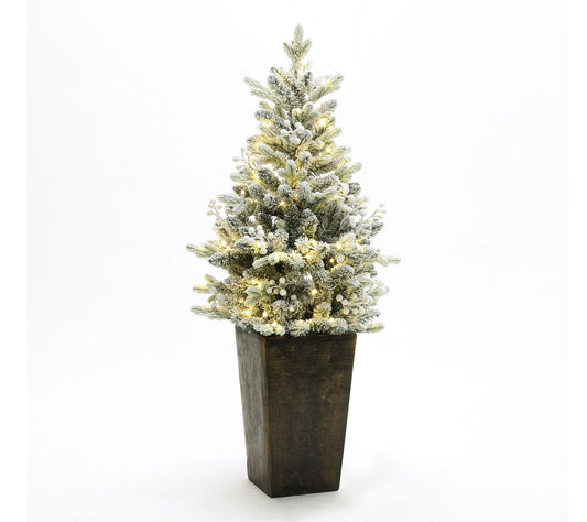 LuxenHome 4Ft Pre-Lit Flocked Artificial Tree in Tall Pot
