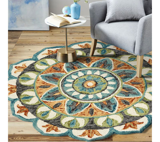 Ox Bay Mira Teal Floral Medallion Wool Indoor 6' Round Rug