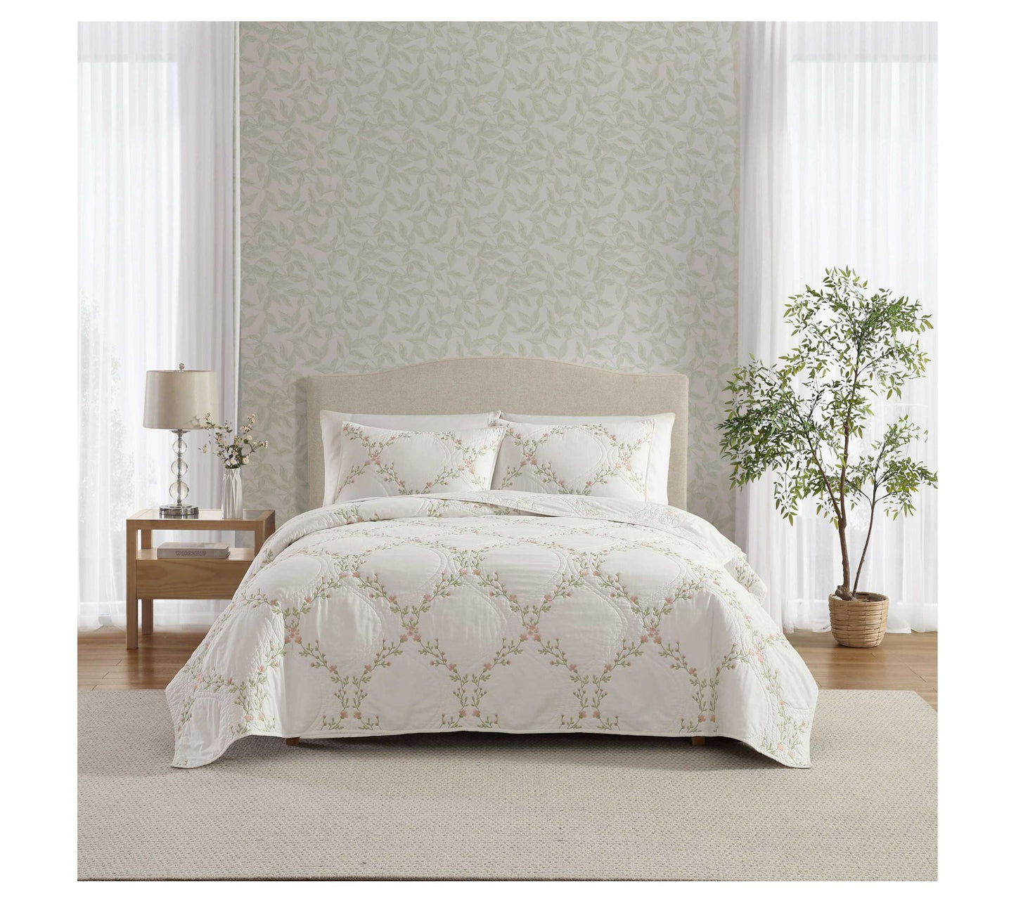 Laura Ashley Floral Embroidery Pink Full/QueenQuilt Sham Set