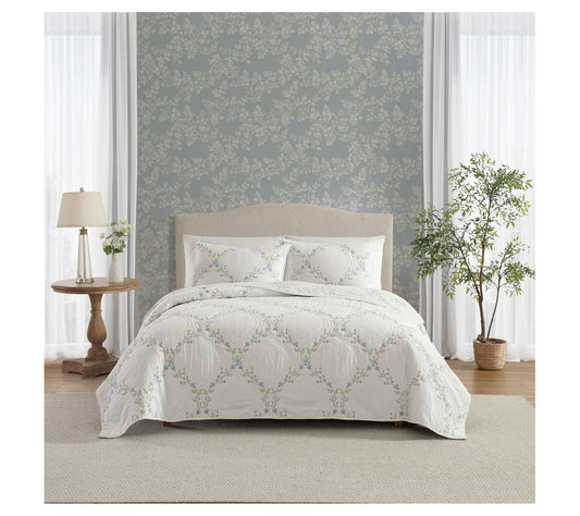 Laura Ashley Floral Embroidery Blue Full/QueenQuilt Sham Set
