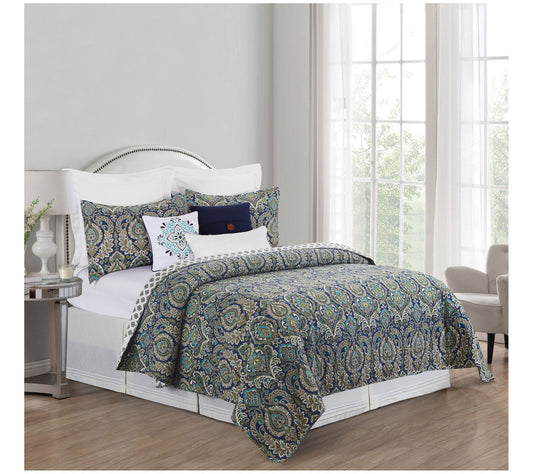 Ada Navy Blue Damask Full/Queen Cotton Quilt Set by Valerie