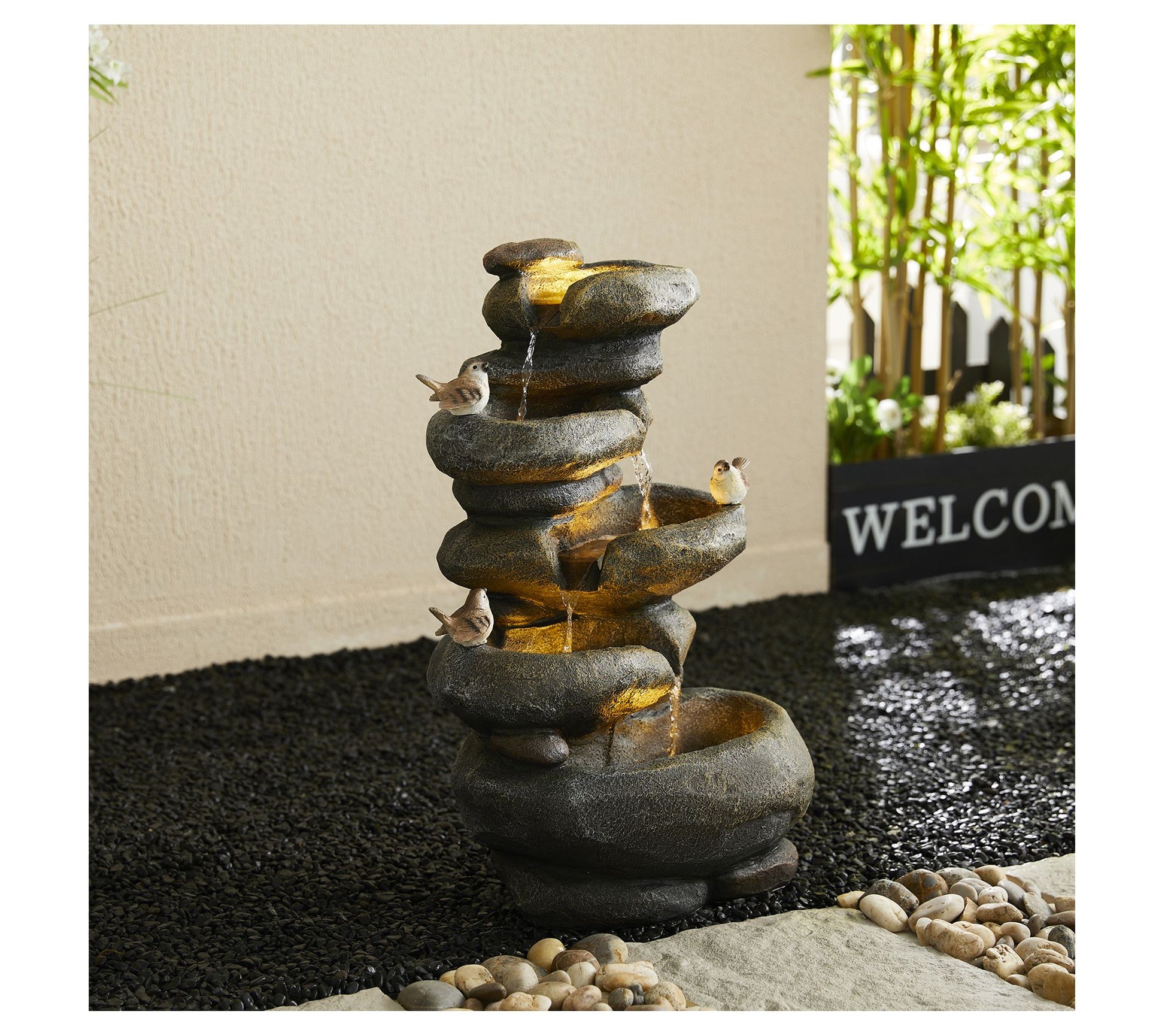 Glitzhome 23'' 5-Tiered LED Lit Stacked Stone Outdoor Fountain