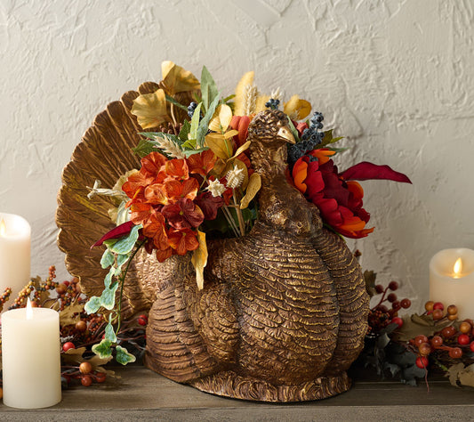 Home Reflections 16" Metallic Turkey w/ Faux Floral Arrangment
