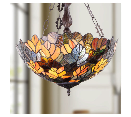 River of Goods 18"W Maple Victorian Stained Glass Bowl Pendant