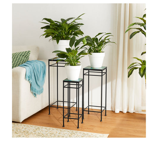 Glitzhome Sqaure Nesting Ceramic Tile Top Planter Stands S/3