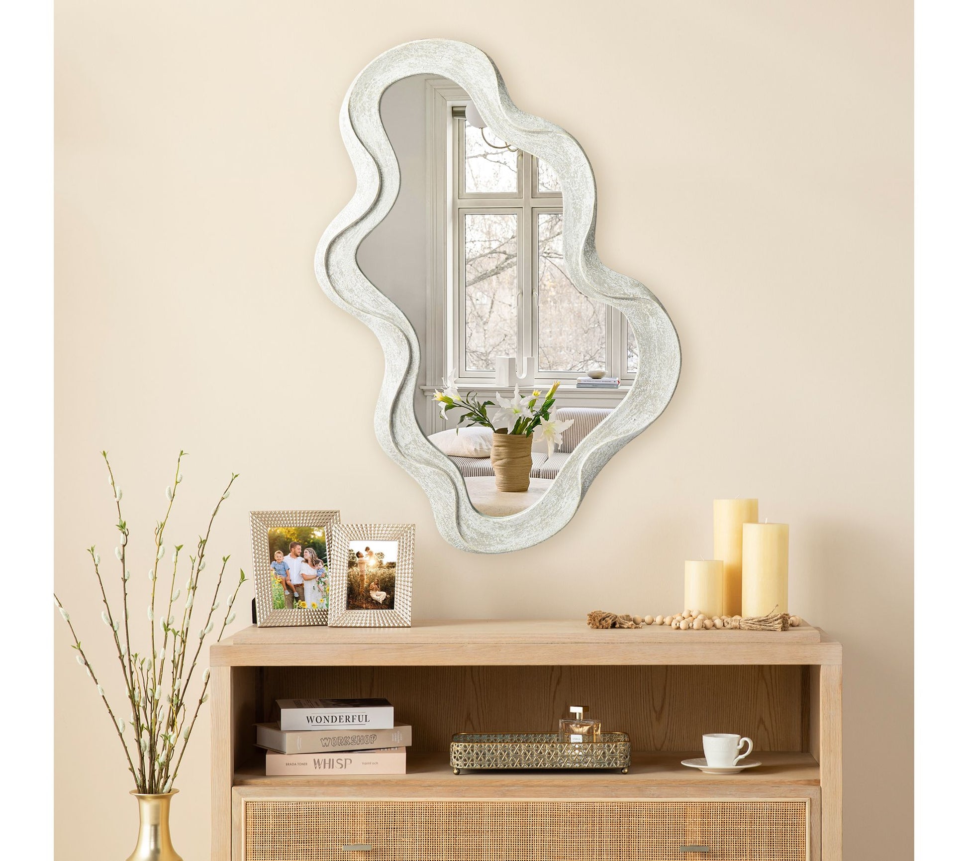 Glitzhome 32" H Washed White Wood Frame Wavy Wall Mirror
