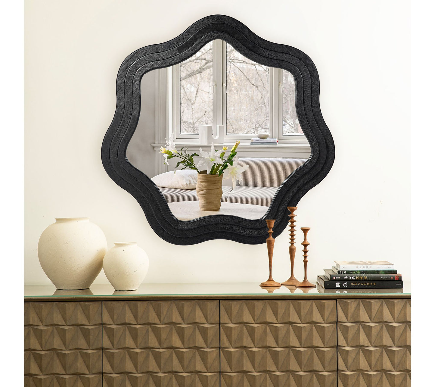 Glitzhome 34" D Modern Tripled Wood Frame WavyWall Mirror