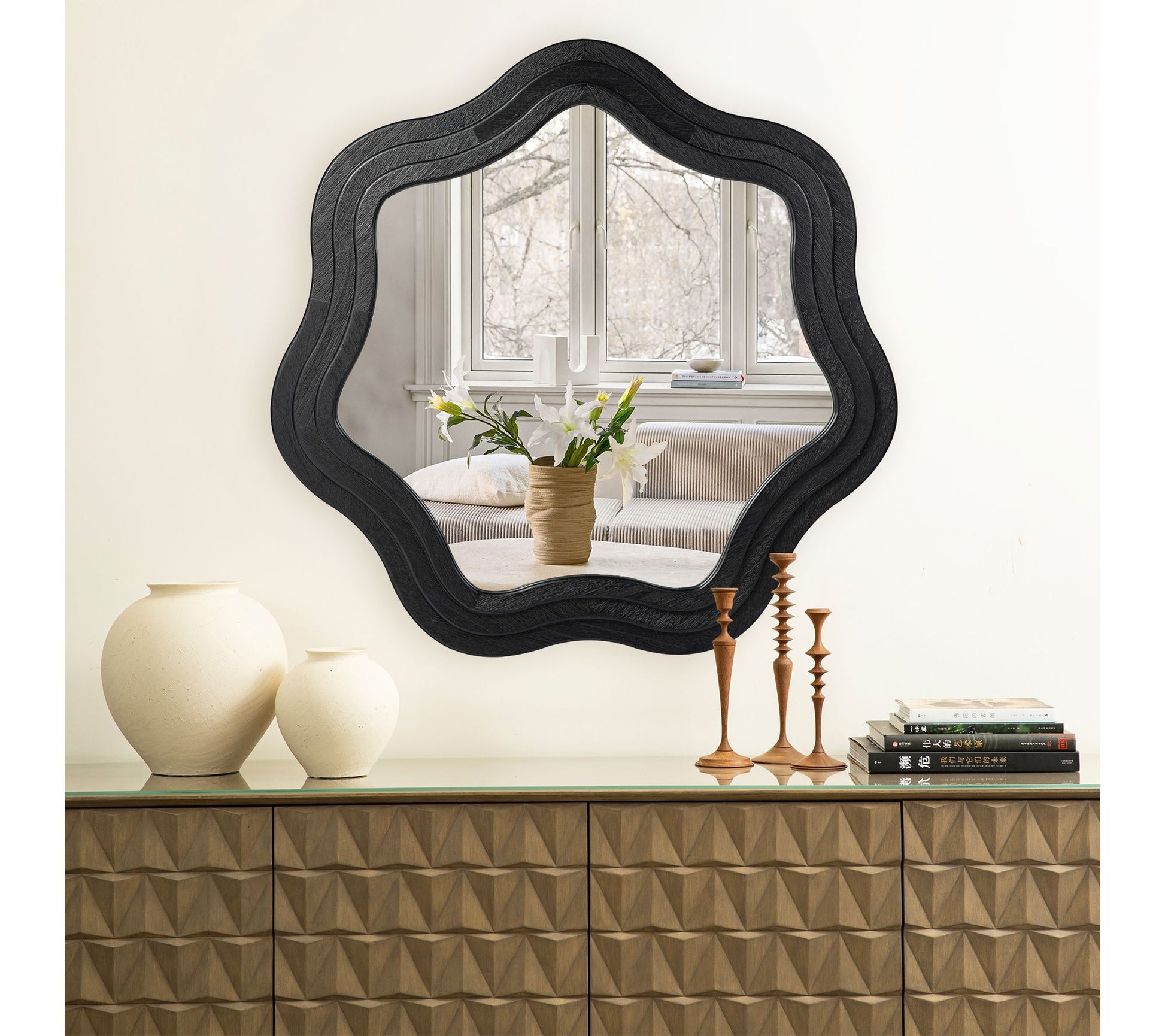 Glitzhome 34" D Modern Tripled Wood Frame WavyWall Mirror