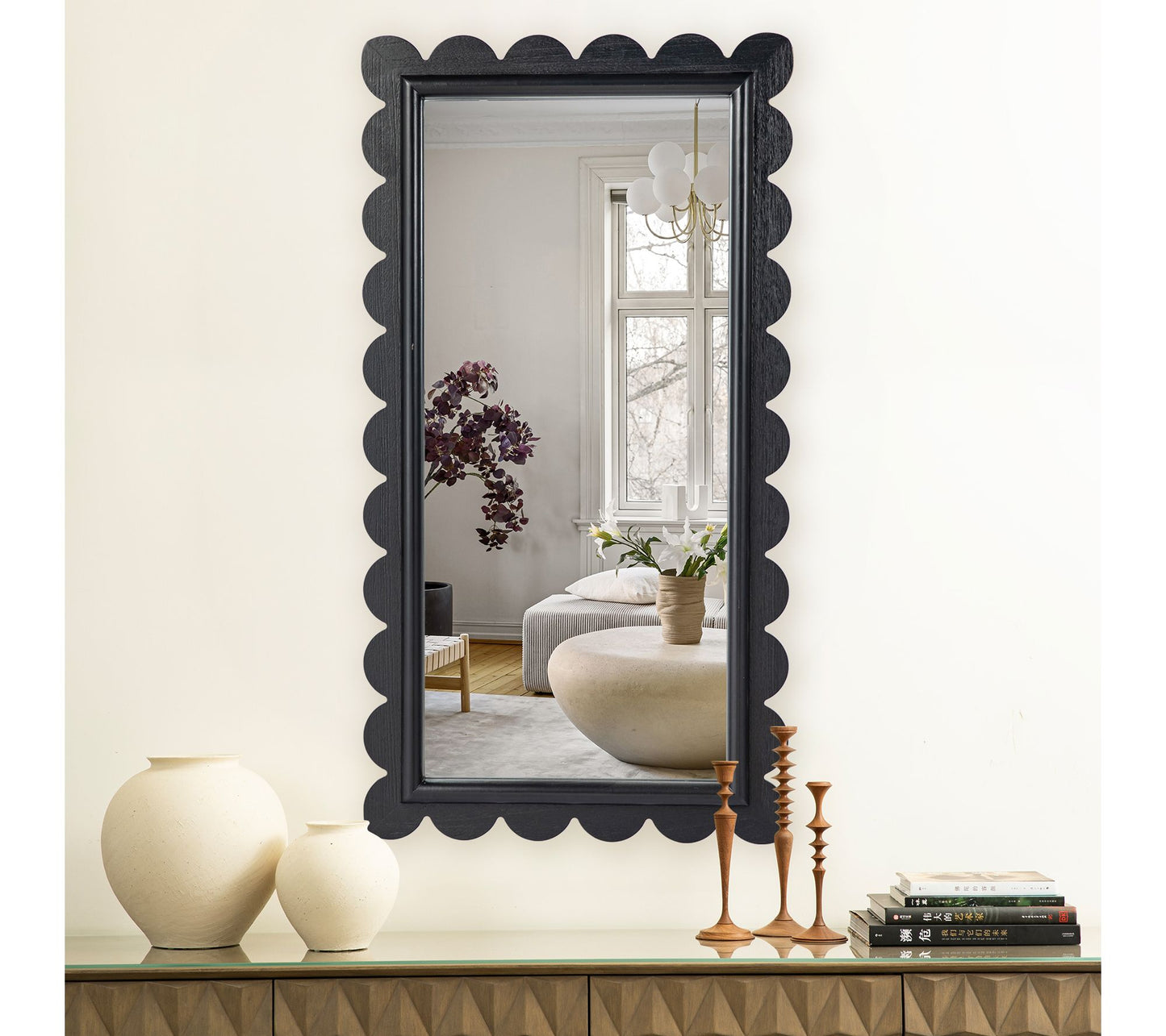 Glitzhome 43" H Modern Wood Frame Wavy Rectangle Wall Mirror
