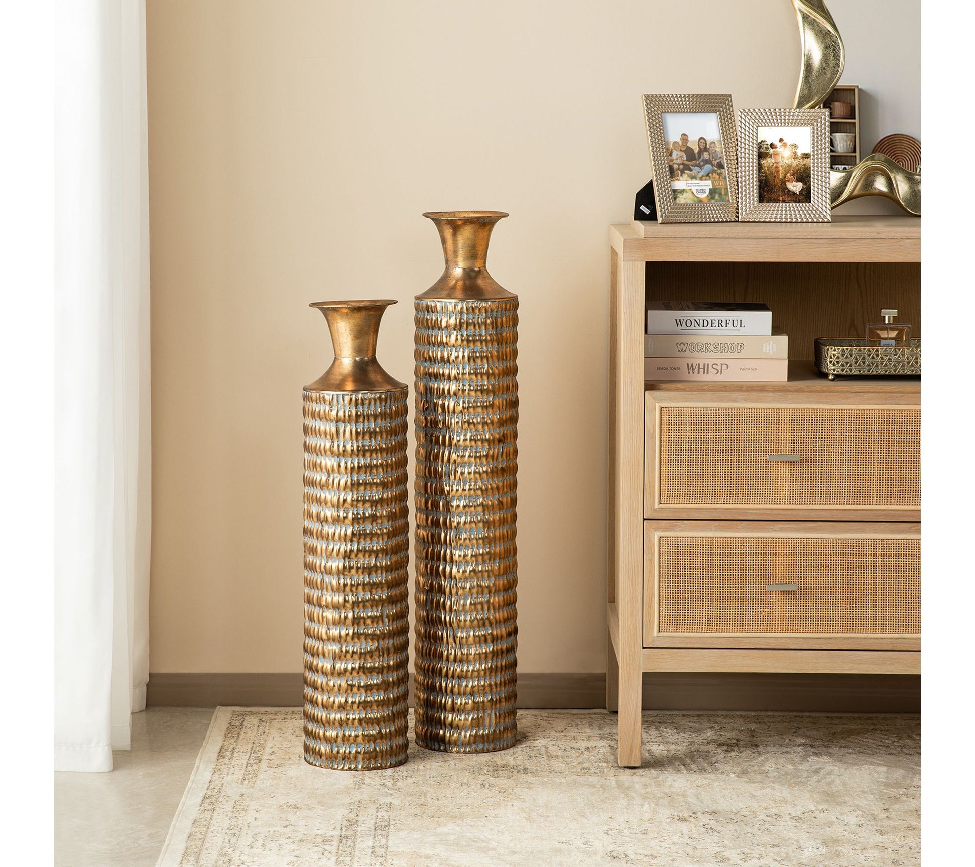 Glitzhome Metal Embossed Verdigris Floor VasesSet of 2