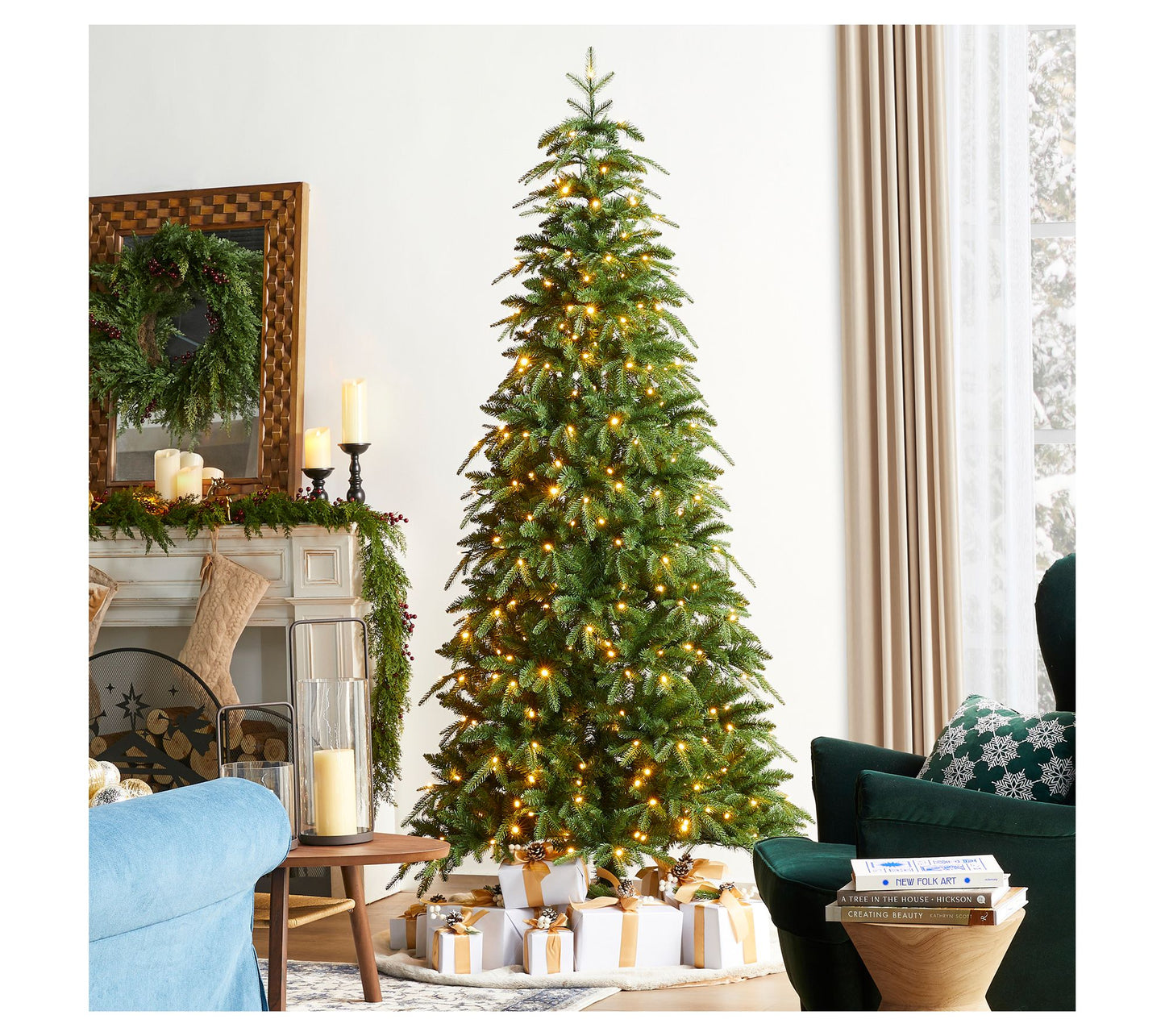 Glitzhome 7.5' LED Pre-Lit Green Fir Slim FauxChristmas Tree