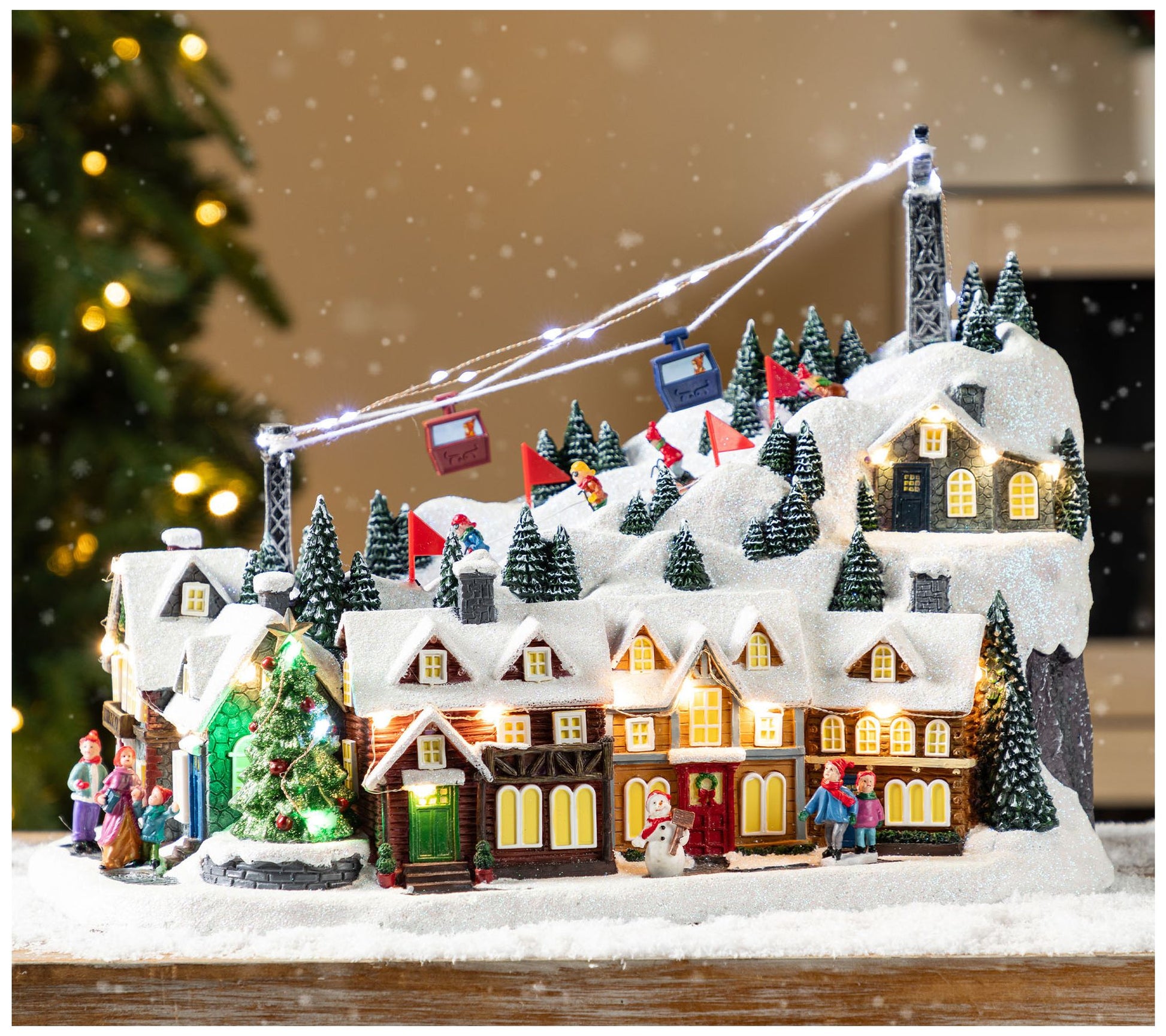 Glitzhome Christmas Lighted Musical Skiing Table Village Decor