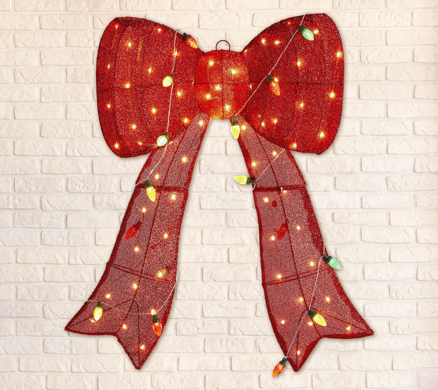 Glitzhome 35" Christmas Red Fabric Bow LightedOutdoor Decor