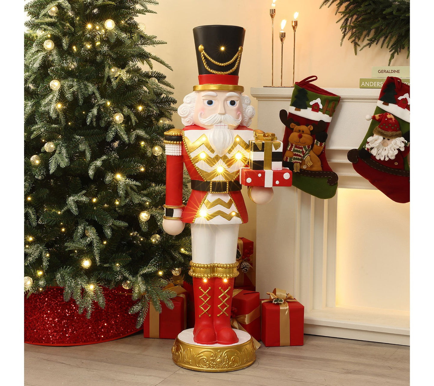 LuxenHome 4ft Lighted Red Nutcracker Soldier with Presents