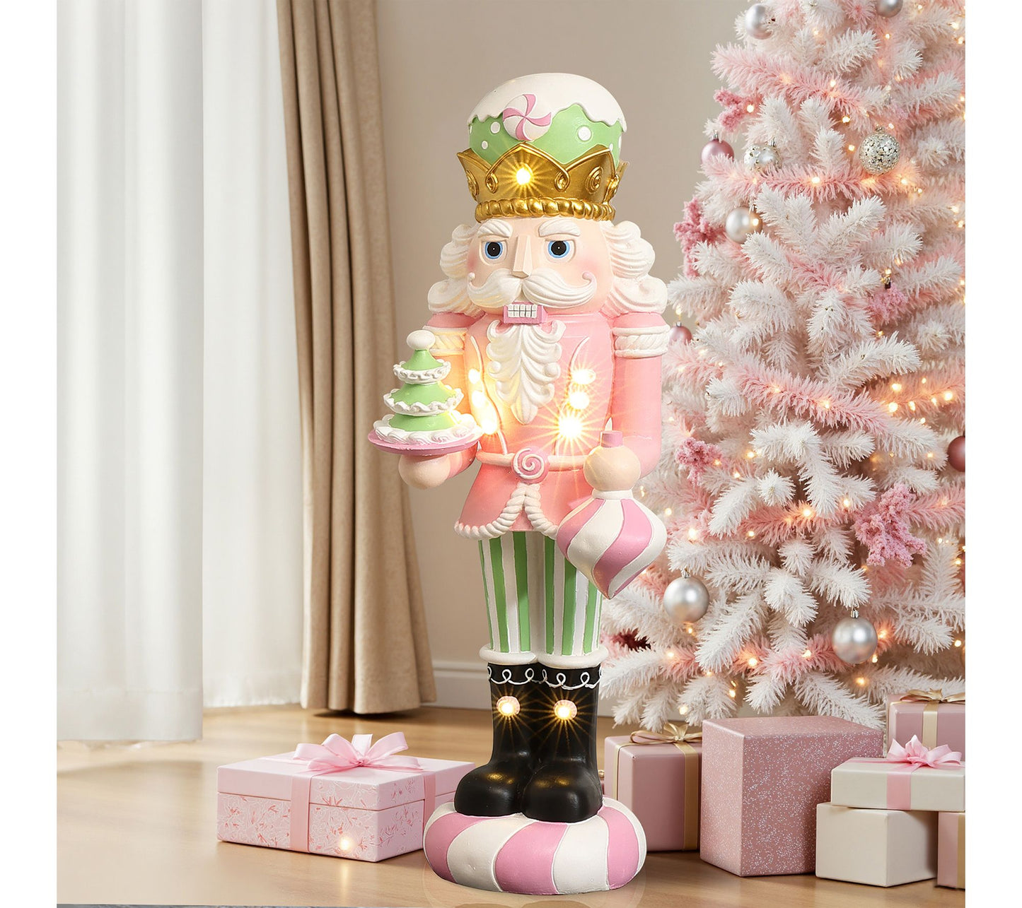 LuxenHome 4Ft Lighted Nutcracker Pink Soldier with Candy Tree