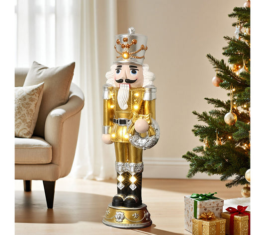 LuxenHome 3ft Lighted Gold Nutcracker with Silver Wreath