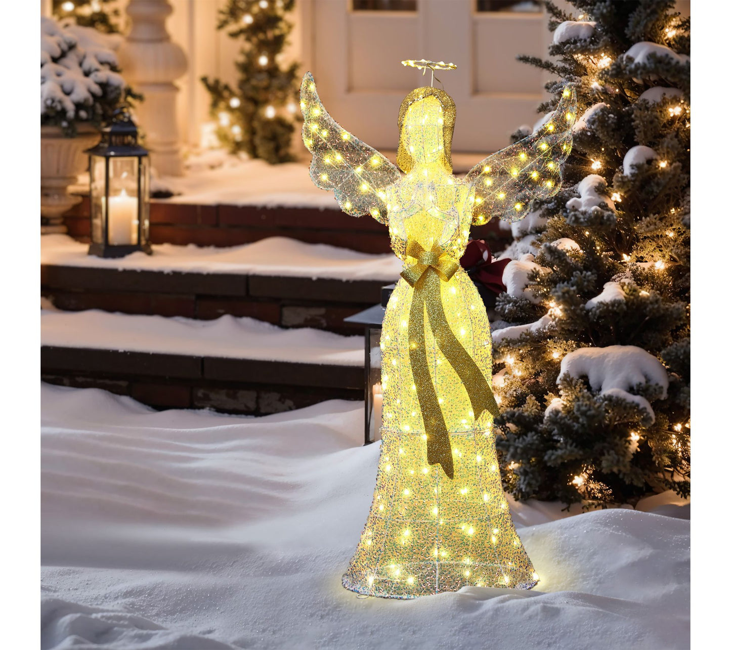 LuxenHome Lighted 4.1ft Angel with Gold Bow Holiday Decoration