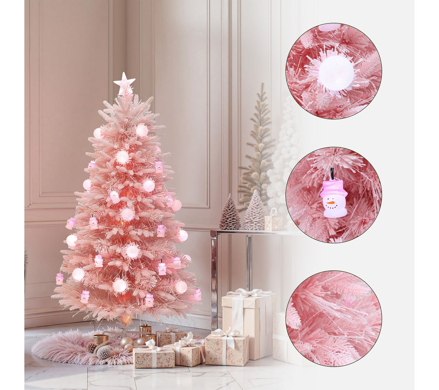 LuxenHome 5ft Fiber Optic Pink Xmas Tree w/ Snowman & Star Top